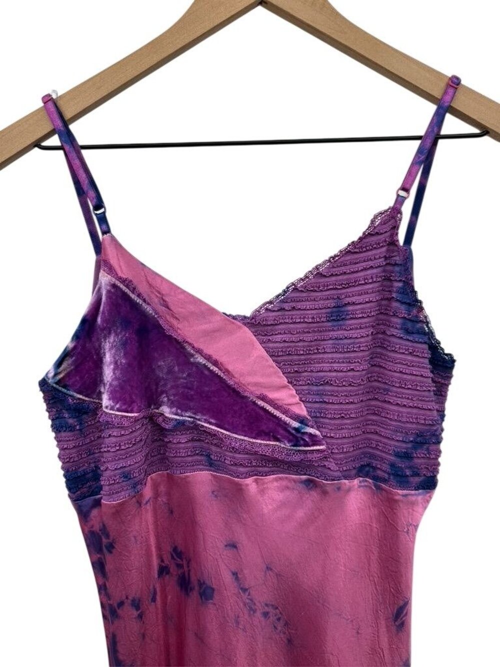 Vintage 90s Monah Li Tie-Dye Silk Slip Dress With Lace Velvet Pink & Purple - Picture 14 of 16